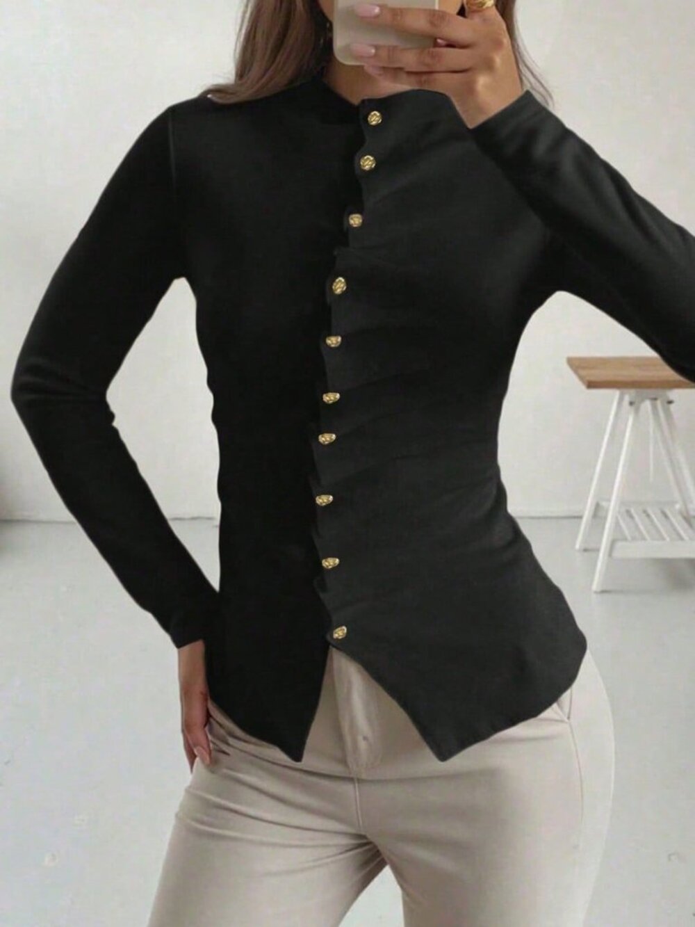 Black Casual Women's Asymmetric Button Cardigan